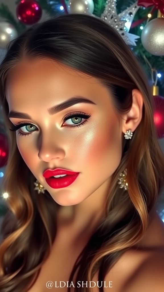 A model showcasing a festive Korean makeup look with dewy skin, rosy cheeks, and red lips against a Christmas-themed backdrop.